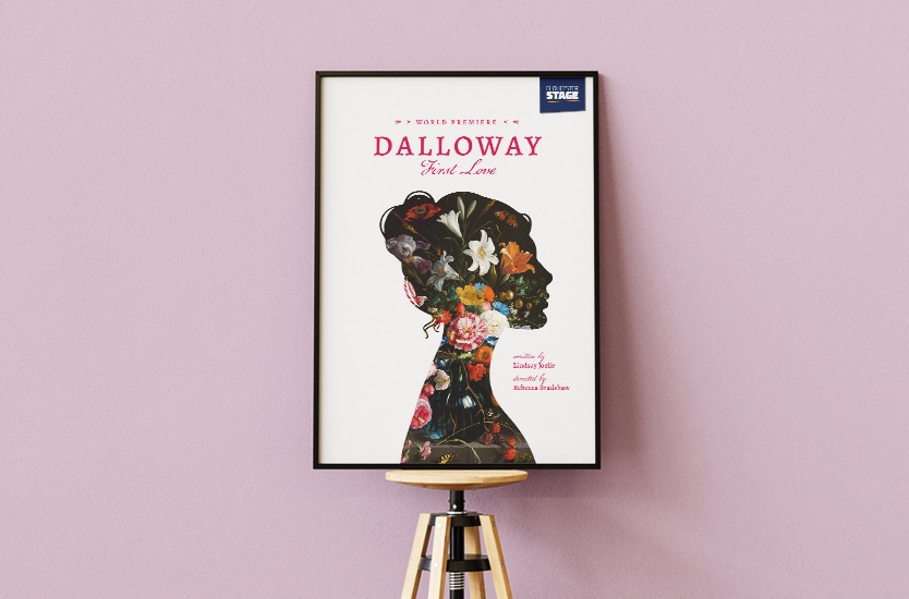 Poster sitting on a stool, leaning up against a pink wall