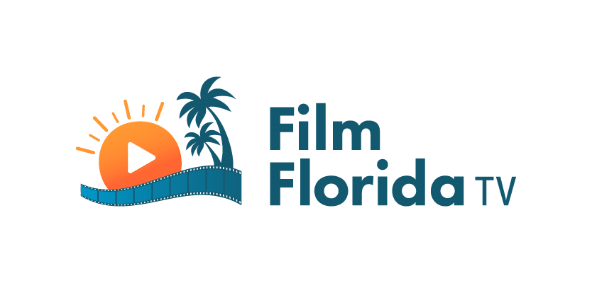 logo for Film Florida TV. illustrated sun with white triangle play button on top, next to two palm trees