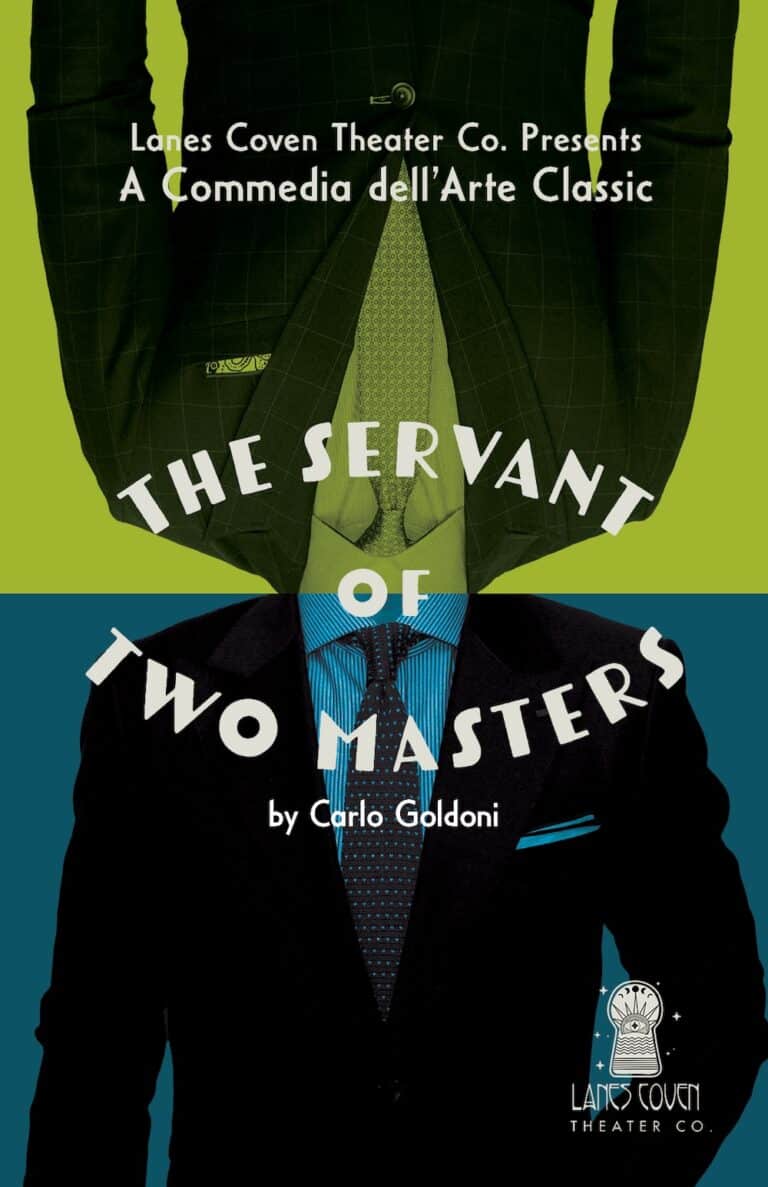 Green and Blue poster with two men in business suits for "The Servant of Two Masters" play