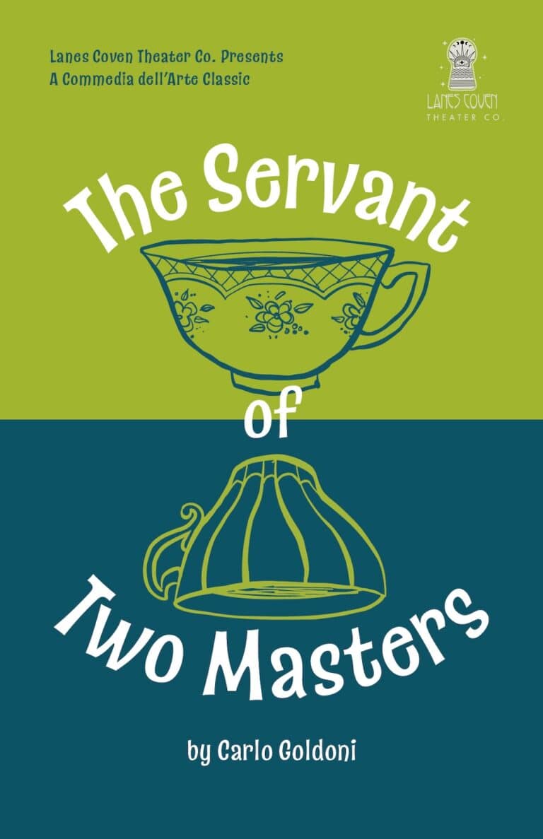 Green and Blue poster with two teacup illustrations for "The Servant of Two Masters" play