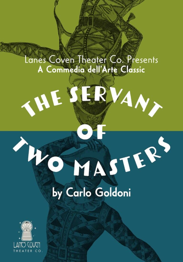 Green and Blue poster for "The Servant of Two Masters" play